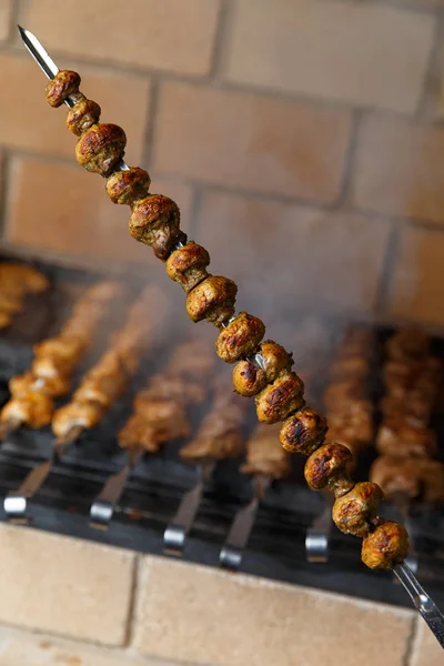 Vari spiedini da barbecue sullo sfondo del barbecue — Foto Stock