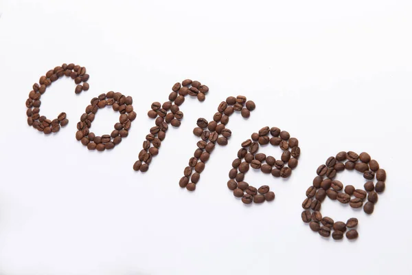 Word Coffee Lined Coffee Beans White Background — Stock Photo, Image