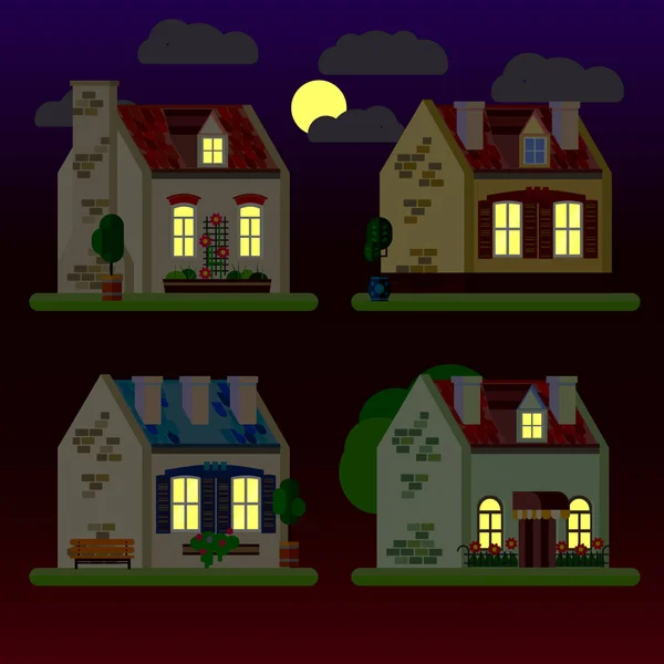 Набор плоских иллюстраций домов ночью. Одноэтажное, двухэтажное и трехэтажное здание. Вектор . — стоковый вектор