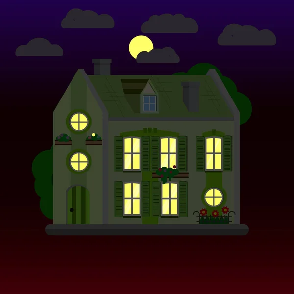 Плоские иллюстрации дома ночью. Двухэтажное здание. Вектор . — стоковый вектор