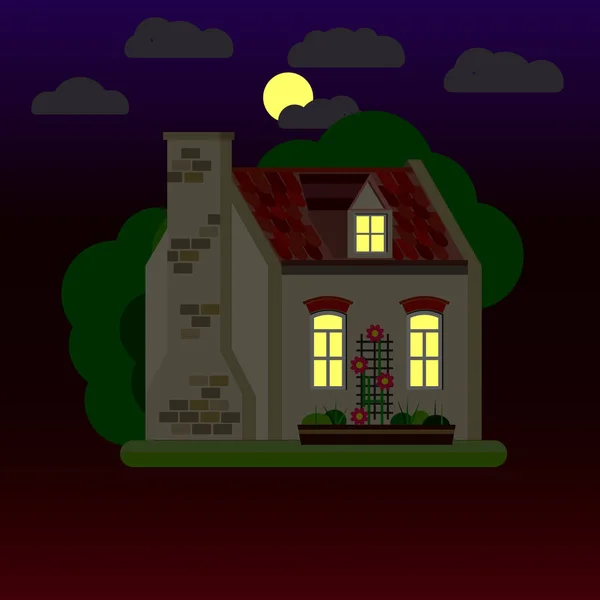 Plochý ilustrace domu v noci. Jedno podlažní budova. Vektor. — Stockový vektor