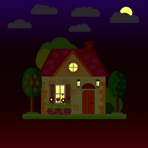 Plochý ilustrace domu v noci. Jedno podlažní budova. Vektor. — Stockový vektor