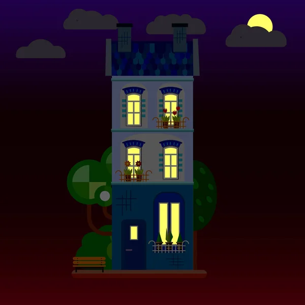 夜の家のフラットのイラスト。3階建ての建物。ベクトル. — ストックベクタ