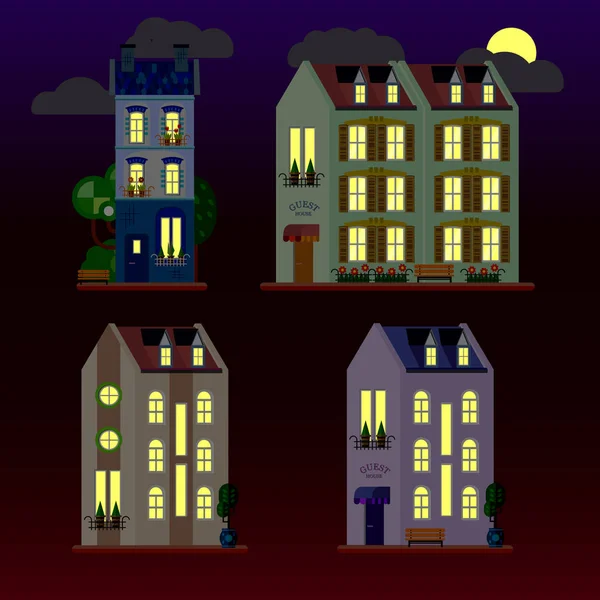 Un conjunto de ilustraciones planas de casas por la noche. Edificio de tres pisos. Vector . — Archivo Imágenes Vectoriales