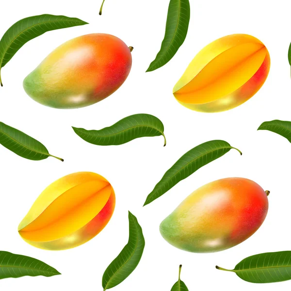 Modèle vectoriel sans couture avec mangue réaliste isolé sur blanc. Fruit savoureux et lumineux. Illustration utilisée pour magazine, textile de cuisine, cartes de vœux, couverture de menu, pages web . — Image vectorielle