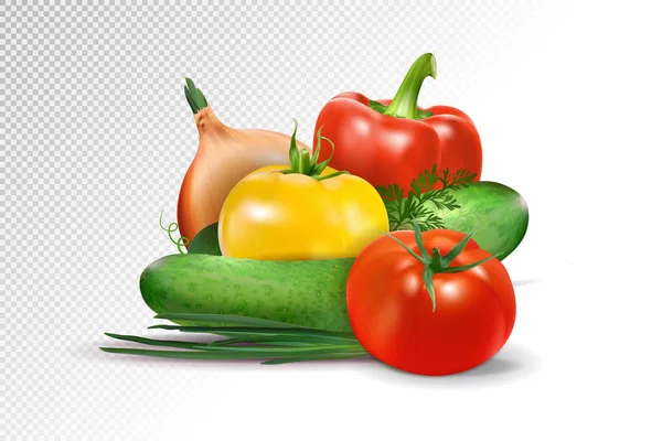 Verdure fresche su sfondo trasparente. Pomodori, cetrioli, pepe e cipolla composizione. Vettore realistico, illustrazione 3d — Vettoriale Stock