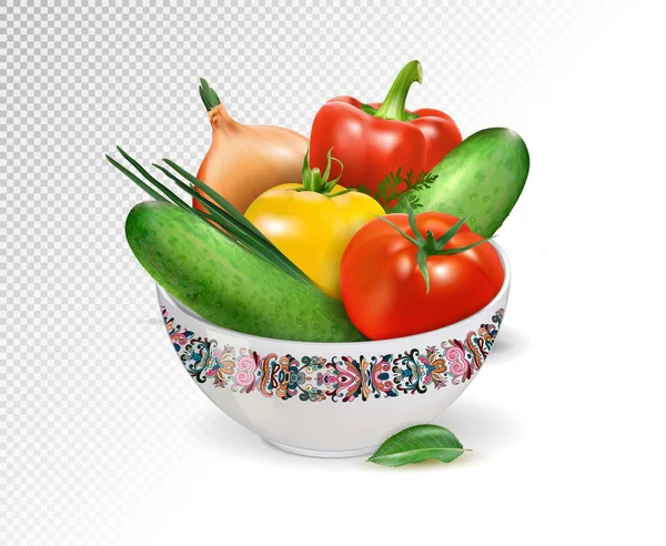 Färska grönsaker i vit keramikskål. Tomater, gurka, paprika och lök sammansättning. Realistisk vektor, 3d illustration — Stock vektor