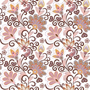 Vintage desen Hint batik tarzı. Çiçek el çizmek vektör arka plan. Pastel pembe ve beyaz üzerine bej.