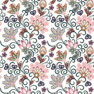 Vintage desen Hint batik tarzı. Çiçek el çizmek vektör arka plan. Pastel mavi pembe ve beyaz üzerine bej.