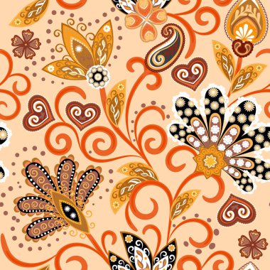 Vintage desen Hint batik tarzı. Çiçek el çizmek vektör arka plan. Turuncu siyah