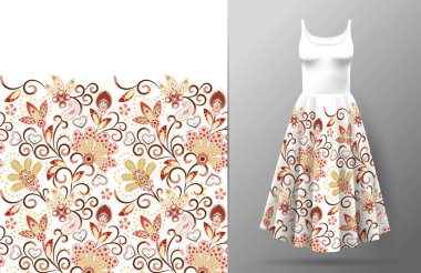 Oriental el süsleme çizim ile çiçek seamless modeli. Vektör çizim Asya Tekstil tarzı. Kadın sahte kadar elbise. Kırmızı ve bej beyaz arka plan üzerinde.