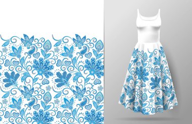Kesintisiz dikey fantezi çiçek deseni kenarlık. El çiçek arka plan üzerinde elbise mockup çizin. Vektör. Geleneksel Doğu desen Tekstil, duvar kağıtları, dekor için. Mavi ve beyaz