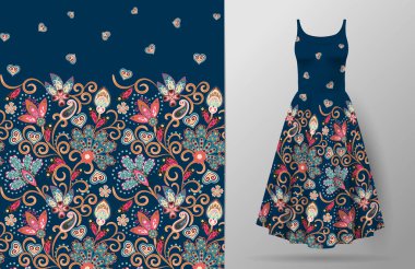 Kesintisiz dikey fantezi çiçek deseni. El çiçek arka plan üzerinde elbise mockup çizin. Vektör. Geleneksel Doğu desen Tekstil, duvar kağıtları, dekor vb için. Bej pembe mavi karanlık bue izi.