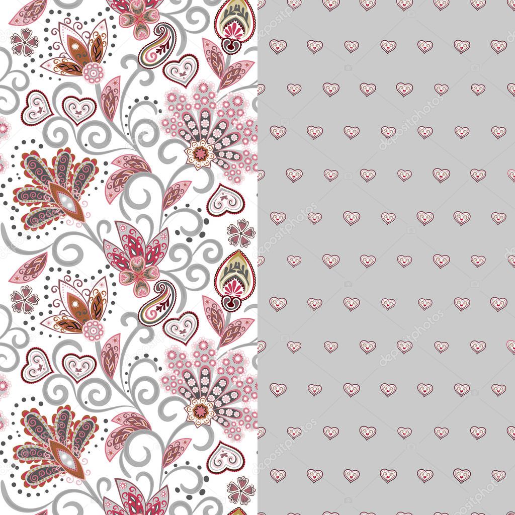 Set of two horizontal seamless floral pattern with paisley and fantasy flowers border. Hand drawn texture for clothes, bedclothes, fabric of the dress etc. Pink gray