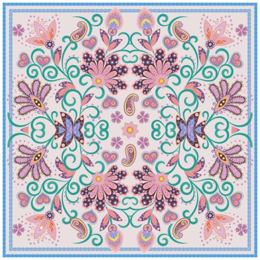 Güzel masa örtüsü etnik Hint çiçekler. Güzel vektör süsleme. Kartı, bandana baskı, atkı tasarımı, peçete. Pastel pembe mavi bej süslü tasarlamak beyaz. Yazdırma için hazır.