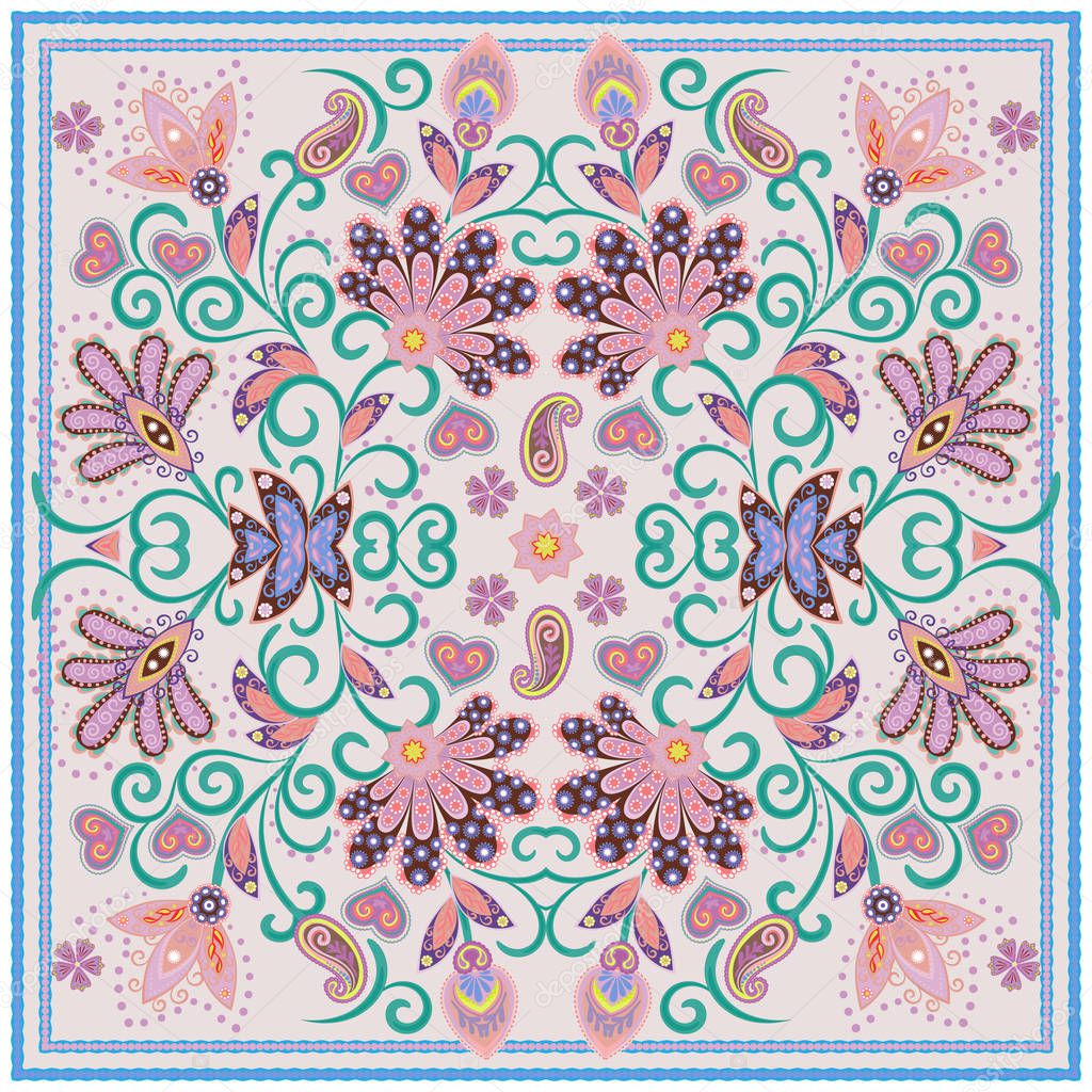 Lovely tablecloth ethnic indian flowers. Beautiful vector ornament. Card, bandana print, kerchief design, napkin. Pastel pink blue beige ornate pattern on white. Ready for print.