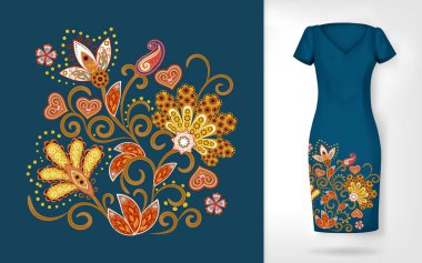 Nakış desenli renkli çiçek desenleri. Giysilerdeki geleneksel süs çiçeği desenleri. Giysi, tekstil ve ev eşyalarında kullanılabilir..