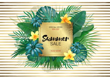 Satılık. Kare yaz Satılık tropikal çerçeve Altın çizgili zemin üzerinde bırakır. Tropik çiçekler, yapraklar ve arka plan bitkiler
