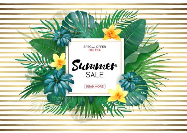 Satılık. Kare yaz Satılık tropikal çerçeve Altın çizgili zemin üzerinde bırakır. Tropik çiçekler, yapraklar ve arka plan bitkiler