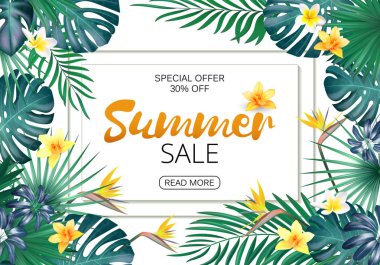 Yaz Satılık kavramı. Tropikal çiçek ve yaprak yaz arka plan. Şablon vektör.