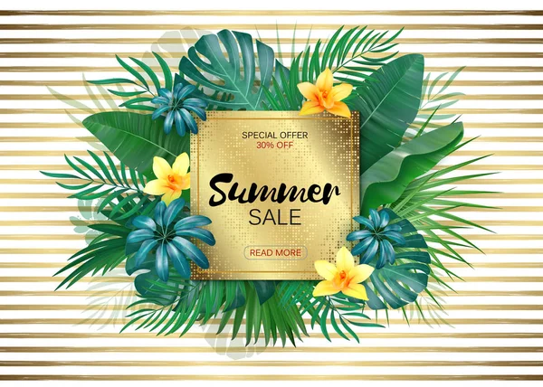 Satılık. Kare yaz Satılık tropikal çerçeve Altın çizgili zemin üzerinde bırakır. Tropik çiçekler, yapraklar ve arka plan bitkiler