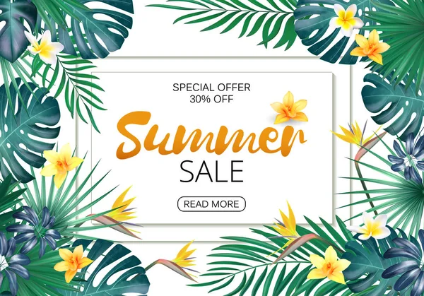 Yaz Satılık kavramı. Tropikal çiçek ve yaprak yaz arka plan. Şablon vektör.