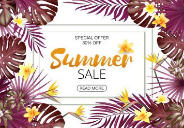 Yaz satış arka plan ile egzotik yapraklar ve çiçekler. Vektör arka plan afiş, poster, afiş, kartı, kartpostal, kapak, broşür için. Yaz 2018 trendy renkleri