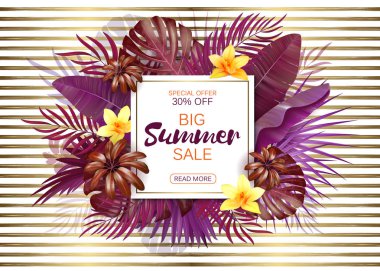 Yaz satış arka plan ile egzotik yapraklar ve çiçekler. Vektör arka plan afiş, poster, afiş, kartı, kartpostal, kapak, broşür için. Yaz 2018 trendy renkleri