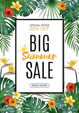Satılık Dikey afiş, poster palmiye yaprakları, orman yaprağı ve el yazısı yazı ile. Çiçek tropikal yaz arka plan. Vektör çizim Eps10