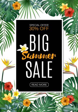Satılık Dikey afiş, poster palmiye yaprakları, orman yaprağı ve el yazısı yazı ile. Çiçek tropikal yaz arka plan. Vektör çizim Eps10
