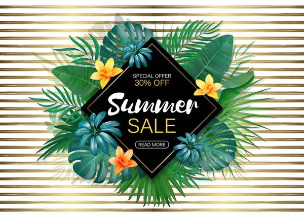 Satılık. Rhombus yaz Satılık tropikal çerçeve Altın çizgili zemin üzerinde bırakır. Tropik çiçekler, yapraklar ve arka plan bitkiler