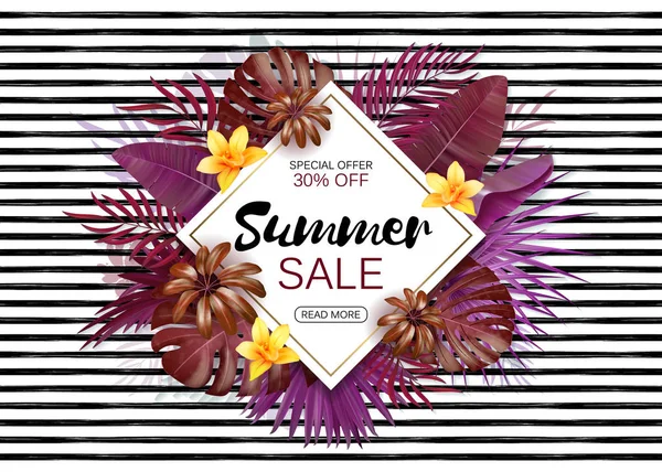 Yaz satış arka plan ile egzotik yapraklar ve çiçekler. Vektör arka plan afiş, poster, afiş, kartı, kartpostal, kapak, broşür için. Yaz 2018 trendy renkleri