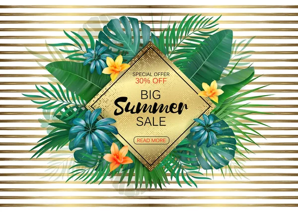 Satılık. Rhombus yaz Satılık tropikal çerçeve Altın çizgili zemin üzerinde bırakır. Tropik çiçekler, yapraklar ve arka plan bitkiler
