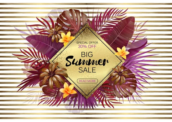 Yaz satış arka plan ile egzotik yapraklar ve çiçekler. Vektör arka plan afiş, poster, afiş, kartı, kartpostal, kapak, broşür için. Yaz 2018 trendy renkleri