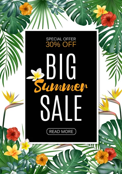 Satılık Dikey afiş, poster palmiye yaprakları, orman yaprağı ve el yazısı yazı ile. Çiçek tropikal yaz arka plan. Vektör çizim Eps10