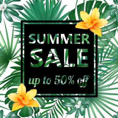 Yaz Satılık kavramı. Tropikal çiçek ve yaprak yaz arka plan. Şablon vektör.