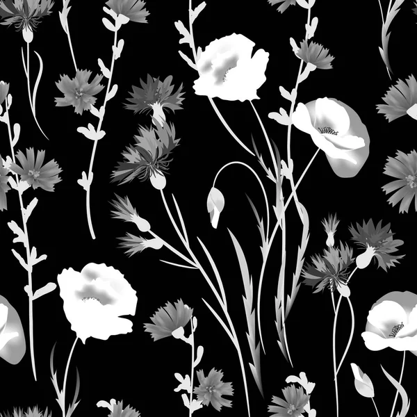 Fundo Sem Costura Com Flores Silvestres Preto Branco —  Vetores de Stock