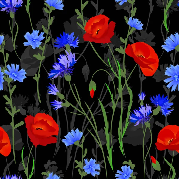 Bezszwowe Tło Polne Kwiaty Wektor Niebieski Czerwony Zielony Czarny Wzór — Wektor stockowy