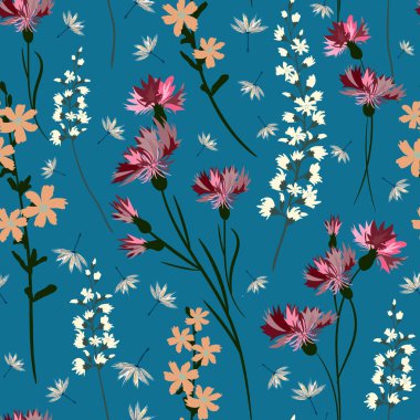 Alan-çiçekler, yapraklar ve bitkisel Dikişsiz desen vektör. Mavi