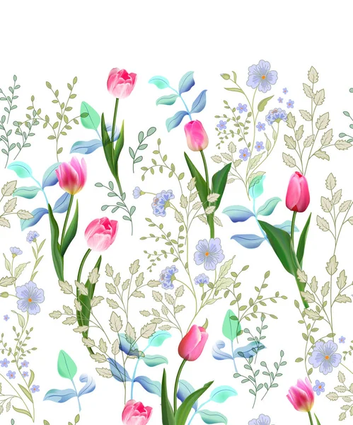 Wiosenne Kwiaty Bezszwowe Granica Kwiatowy Ilustracja Wektorowa Vintage — Wektor stockowy