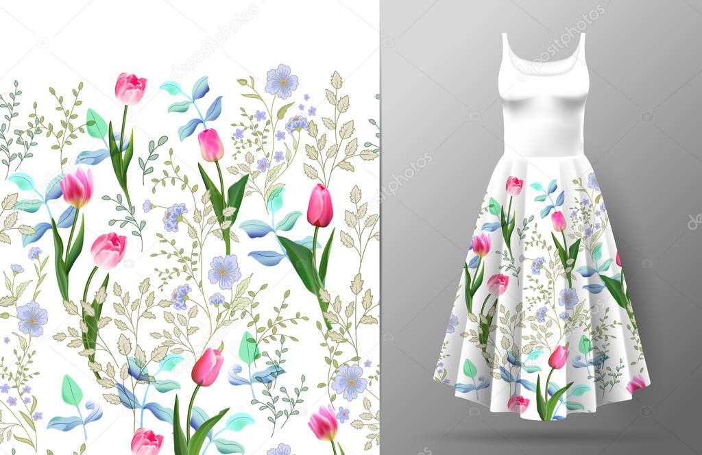 Cute pattern in small wildflowers and tulips. Seamless background and seamless border. An example of the pattern of the dress mock up. Vector illustration