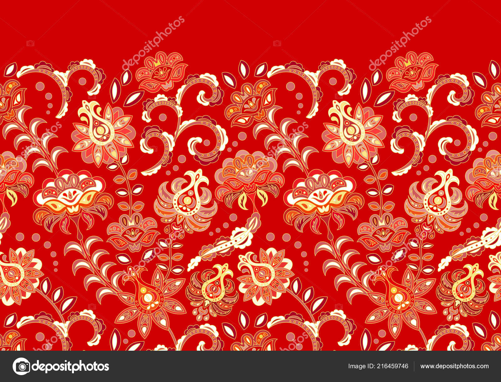 Decori artigianali , bordo floreale senza giunte con i fiori stilizzati. Frangia di vettore orizzontale. Rosso\u2013 illustrazione stock