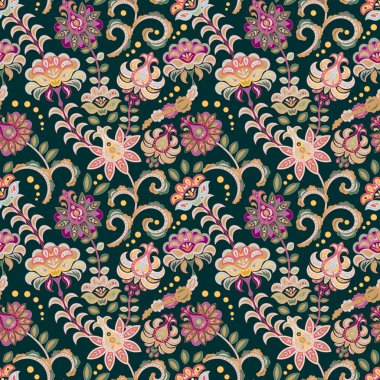 Sorunsuz çiçek arka plan. Pembe çiçekler ve yapraklar koyu arka plan üzerinde. Vektör çizim.