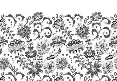 El işi motifleri - stilize çiçeklerle sorunsuz çiçek sınır. Yatay vektör saçak. Beyaz ve siyah. İki renk yazdırma