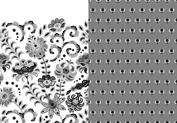 Set Aus Zwei Horizontalen Nahtlosen Blumenmustern Mit Paisley Und Fantasieblumen — Stockvektor
