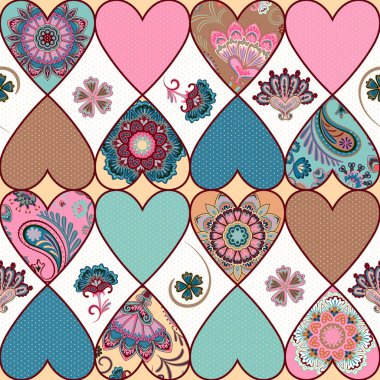Sorunsuz çiçek patchwork desen kalpleri ve mandalalar arka plan ile. Pastel renkler, vektör