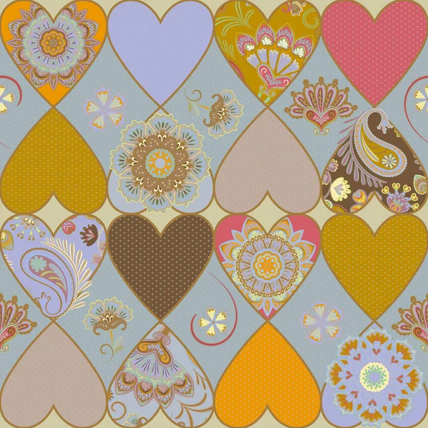 Cuore Ornato Vettoriale Motivo Trapunta Patchwork Sfondo Collage Mandala Colorato — Vettoriale Stock