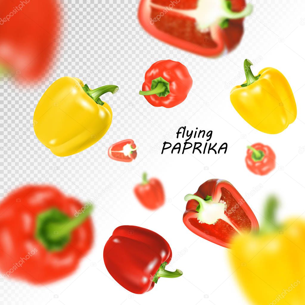 Isolated flying vegetables. Falling sweet red and yellow paprika isolated on transparent background. Realistic vector, 3d illustration