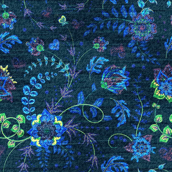 Цветочный Вектор Бесшовный Красочные Цветы Темно Синем Фоне Влияние Вышивки — стоковый вектор