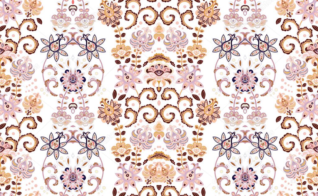 Striped pattern with flowers. Fantastic floral seamless ornament. Vintage flowers seamless ornament in pastel colors. Floral wallpaper.